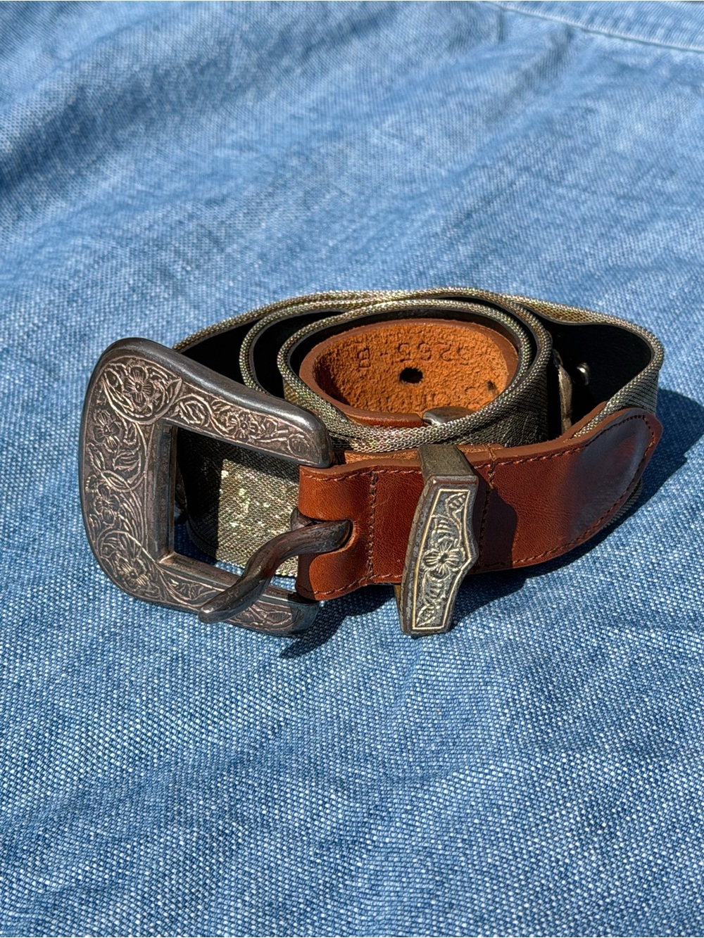 Men's Brown Leather & Olive Webbing Belt with Ornate Silver Buckle